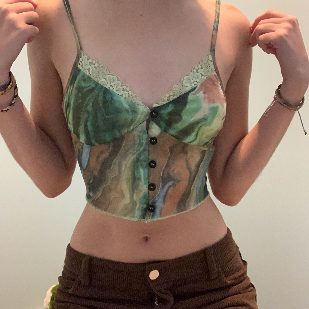 Y2K mesh green lace tank XS — buttons in front!